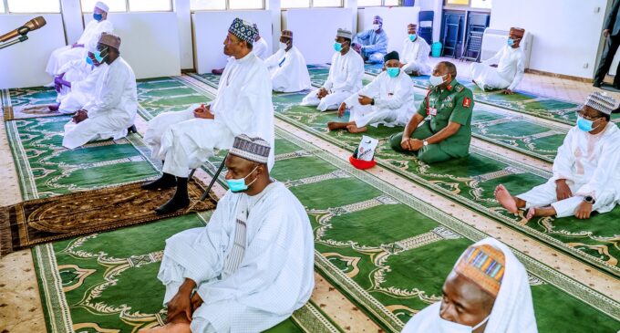 PHOTOS: Social distancing as Malami, Magu join Buhari at Aso Rock mosque