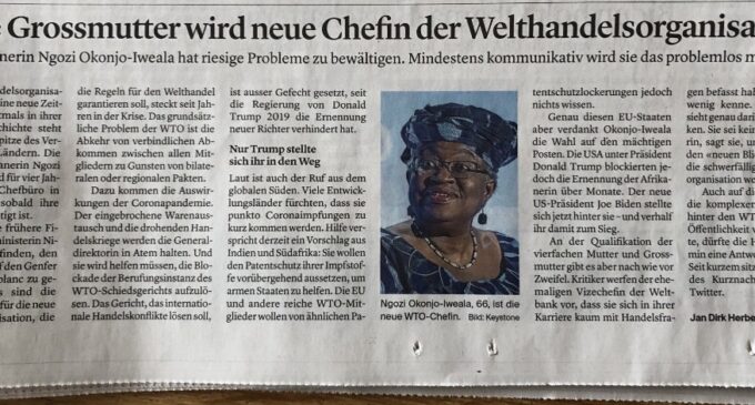 Backlash as Swiss newspapers say new WTO DG is a  ’66-year-old Nigerian grandmother’