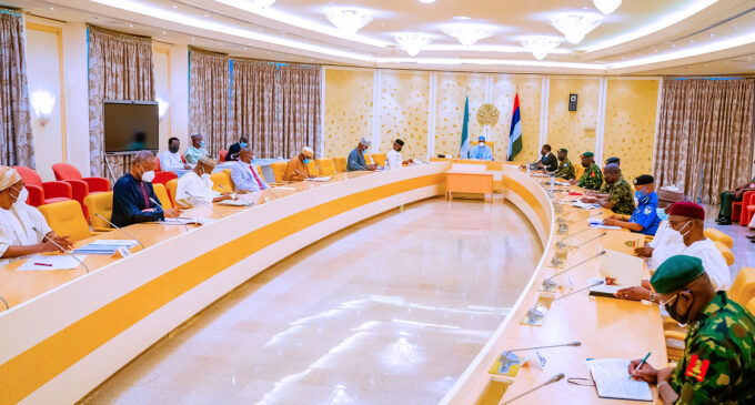 PHOTOS: Buhari convenes another security meeting at presidential villa