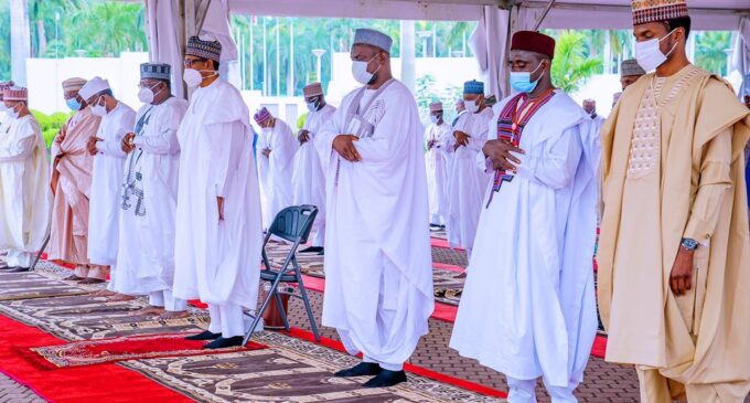 PHOTOS: Buhari, family observe Eid Al-Fitr prayer at Aso Rock