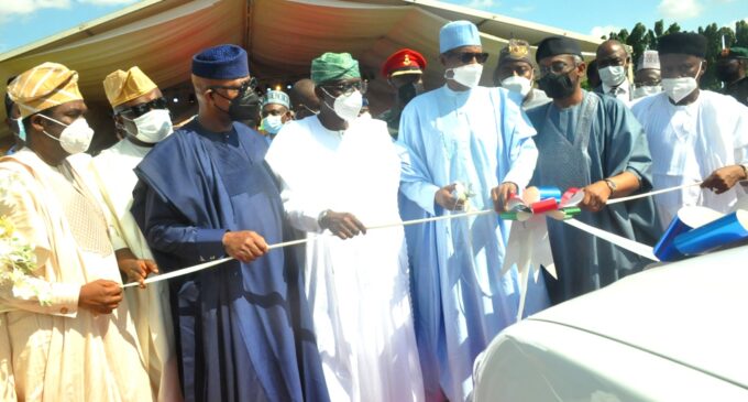 PHOTOS: Buhari inaugurates 157km rail line, hands over security equipment to Lagos police