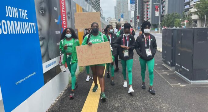 PHOTOS: ‘All we wanted to do is compete’ — disqualified Nigerian athletes protest in Tokyo