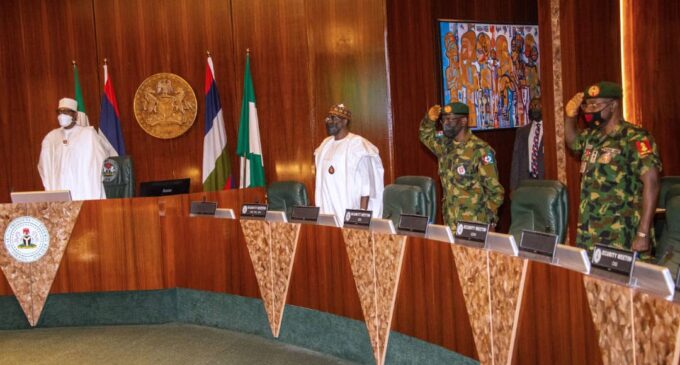 PHOTOS: Buhari in emergency meeting with service chiefs — after ISWAP attack in Borno