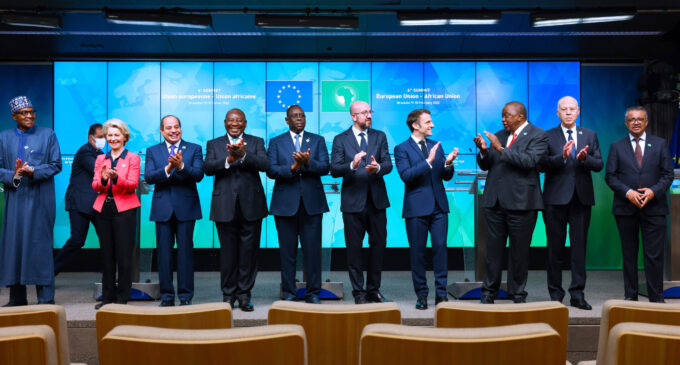 PHOTOS: Buhari, Macron, Kenyatta at EU-AU summit during presentation on mRNA vaccine hub