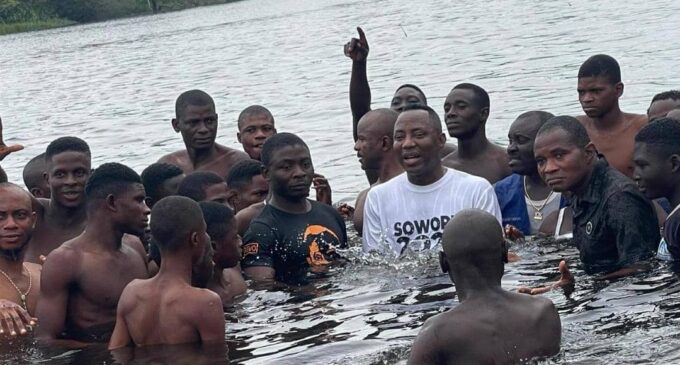 PHOTOS: Sowore holds presidential campaign rally inside Ondo river