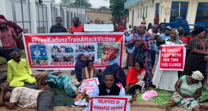 PHOTOS: Families of abducted Kaduna-train passengers protest at ministry of transportation