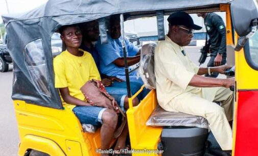 PHOTOS: Obasanjo turns ‘tricycle rider’, picks up passengers in Abeokuta