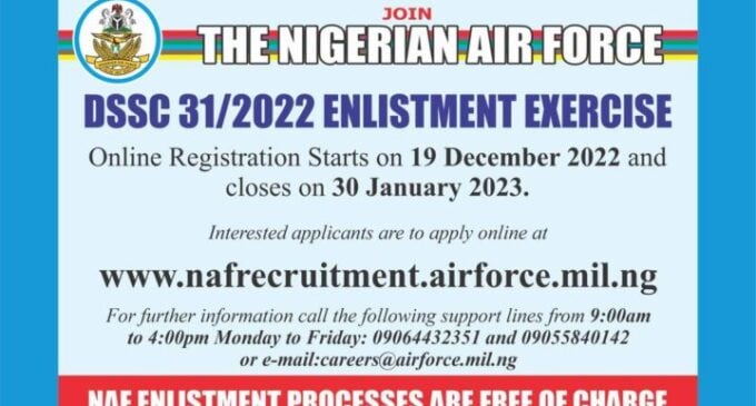 APPLY: Nigerian Air Force begins direct short service enlistment