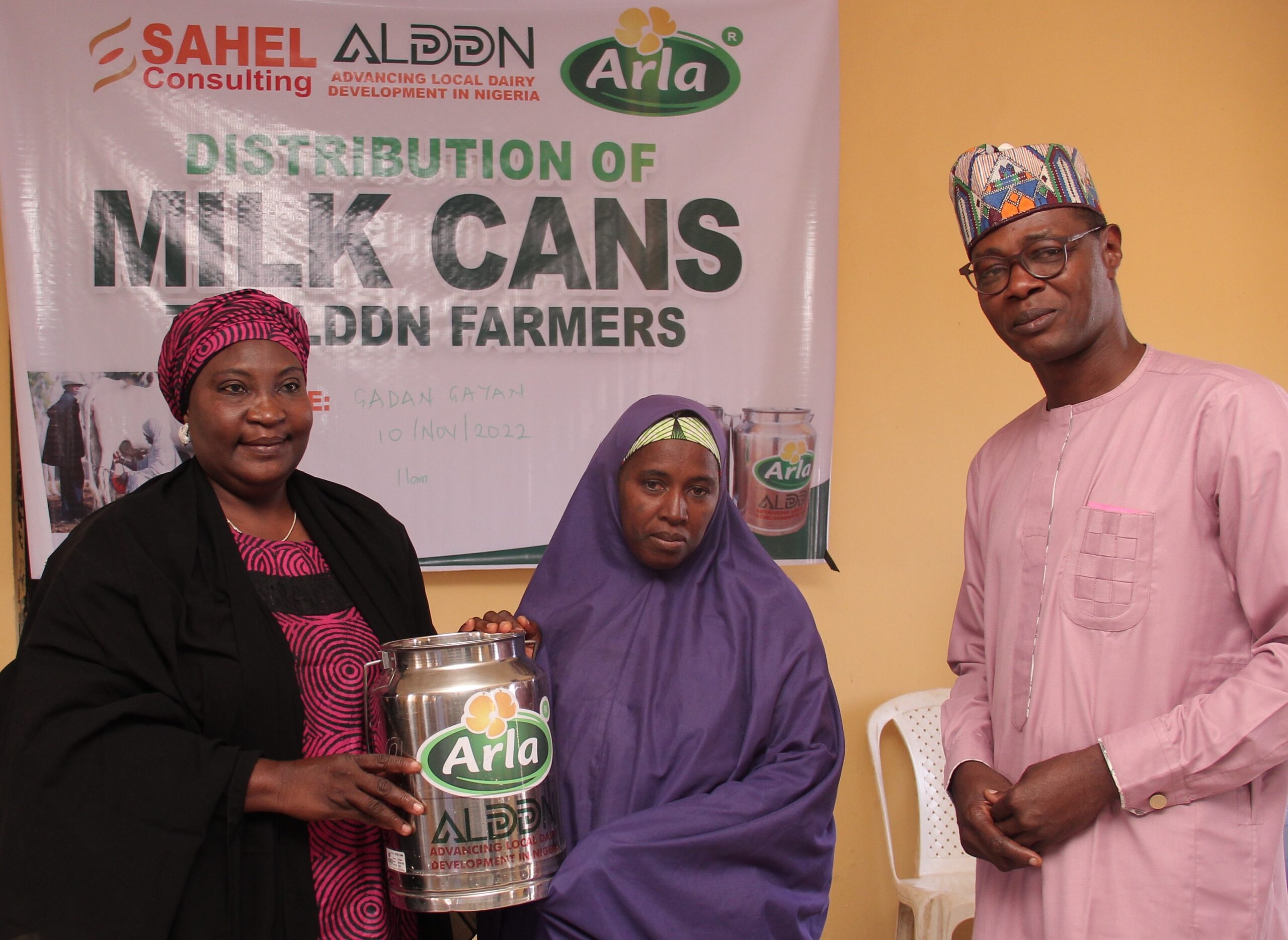 L-R: The Managing Director, Kaduna Federation of Milk Producers Cooperative Association (MILCOPAL), Hajia Rukaiyah Gwamna; participating farmer and program beneficiary, Hajia Amina Hashimu; and Arla Dairy Site Manager, Ewarts Samuel during the distribution of Milk Cans to local dairy farmers by Arla under the Advancing Local Dairy Development in Nigeria (ALDDN) program held in Kaduna recently.