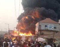 PHOTOS: Buildings razed as petrol tanker catches fire in Oyo community