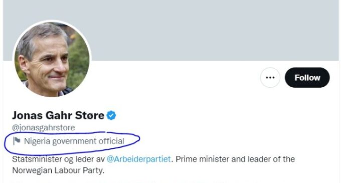 EXTRA: Twitter labels Norway prime minister as ‘Nigeria government official’