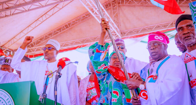 PHOTOS: Buhari, Tinubu, Aisha Binani at APC presidential campaign rally in Adamawa