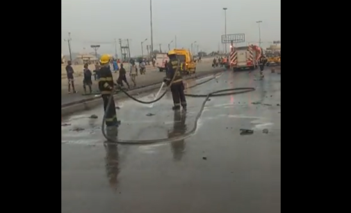 One feared dead as diesel tanker falls on towing van in Lagos