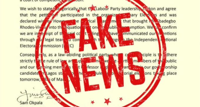 FAKE NEWS ALERT: Labour Party did not issue statement nullifying Rhodes-Vivour’s candidacy