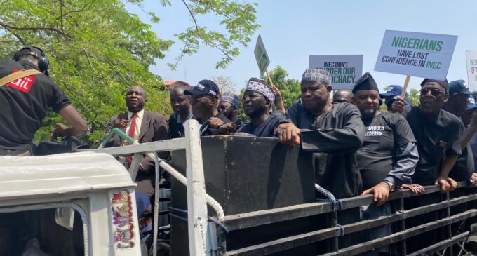 PHOTOS: Atiku leads protest as PDP supporters march to INEC HQ
