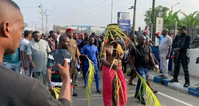 PHOTOS: Rivers PDP storms INEC office with herbalists, charms
