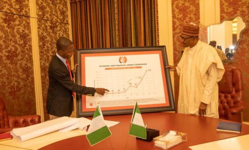 PHOTOS: Bawa visits Buhari, presents EFCC performance memento under his watch
