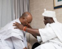 PHOTOS: Akpabio visits Ooni of Ife, seeks royal blessings for senate president bid