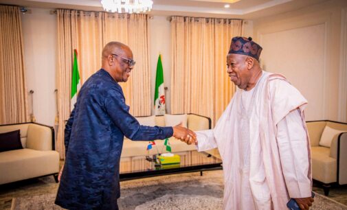 PHOTOS: Wike visits Ganduje in Abuja, congratulates him on becoming APC chair