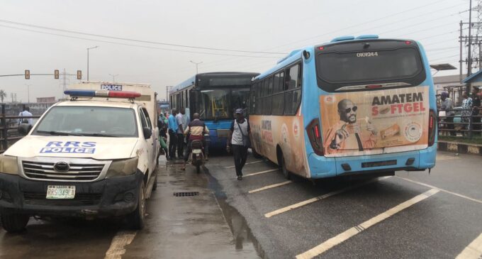 PHOTOS: Two BRT buses collide in Ikorodu, passengers injured
