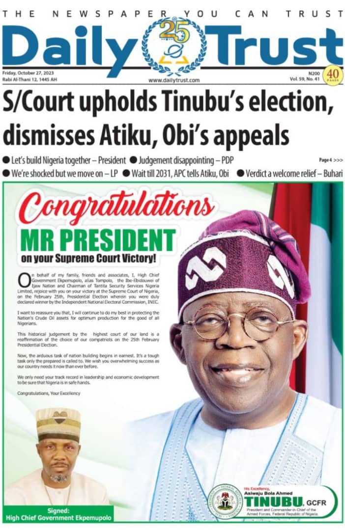 Government Ekpemupolo, popularly known as Tompolo congratulates President Bola Tinubu with front page covers