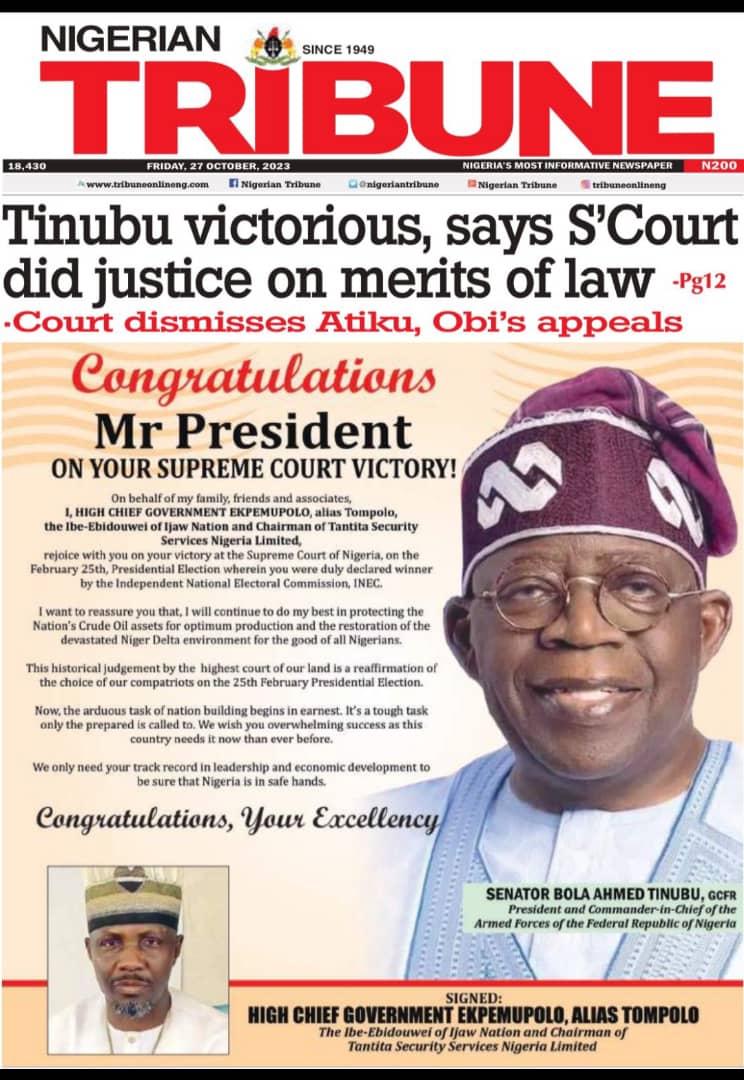 Government Ekpemupolo, popularly known as Tompolo congratulates President Bola Tinubu with front page covers
