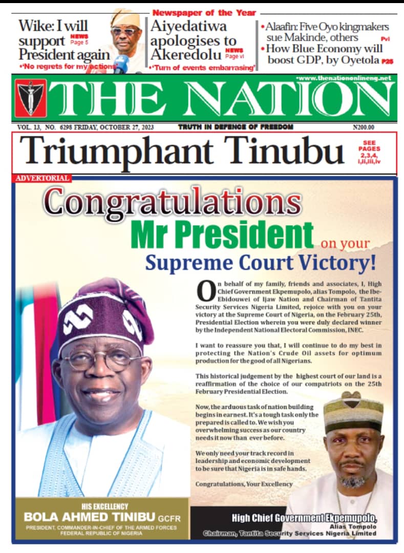Government Ekpemupolo, popularly known as Tompolo congratulates President Bola Tinubu with front page covers