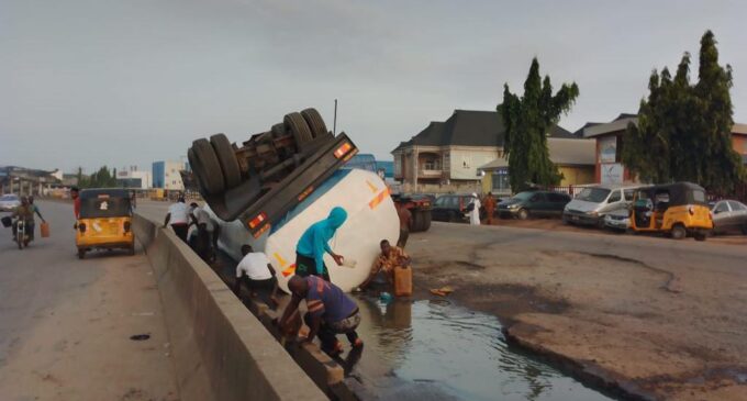 LASTMA prevents residents from scooping diesel as tanker falls in Lagos