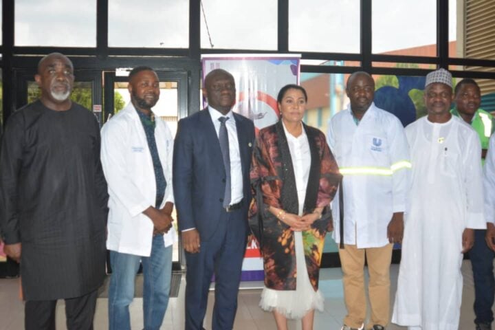 L-R: Director General, National Sugar Development Council, Kamar Bakrin; Plant Manager Unilever Plc, Kolawole David; Director General, Standard Oganisation of Nigeria, Dr. Chukwnazo Ifeanyi Okeke; Minister of Industry, Trade and Investment, Dr. Doris Uzoka-Anite; Plant Manager, Nutrition, Unilever, Moyomade Ladipo; and Director, Industrial Development Department (FMITI), Muhammad Bala during Minister Courtesy visit to the Unilever Nigeria Plc Agbara Factory, Ogun State