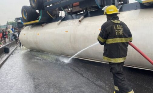 PHOTOS: Tanker conveying engine oil falls on bridge in Lagos