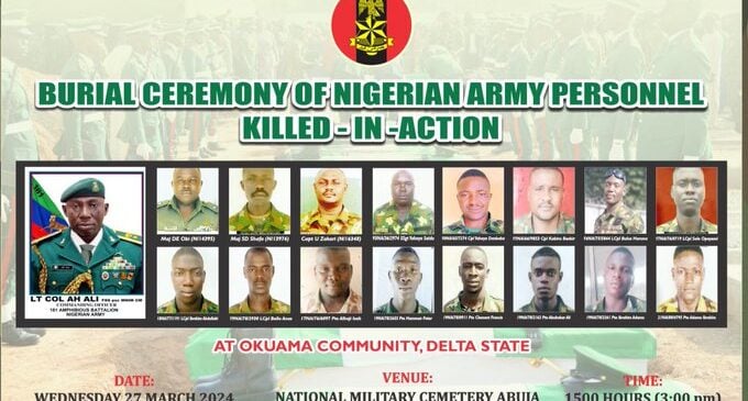 Okuama killings: Army personnel to be buried in Abuja Wednesday