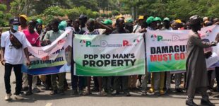 JUST IN: Protesters besiege PDP secretariat, demand Wike’s suspension