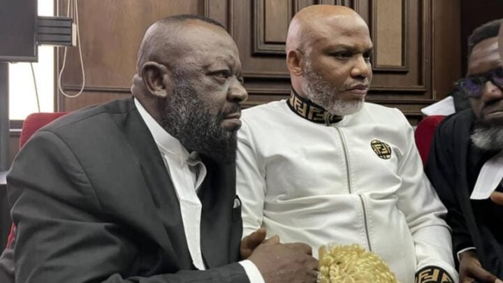 File photo of Nnamdi Kanu (in white) in court
