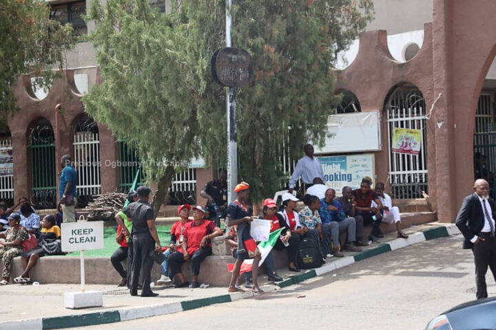 Federal civil servants outside a ministry in Abuja in 2024 during an NLC strike