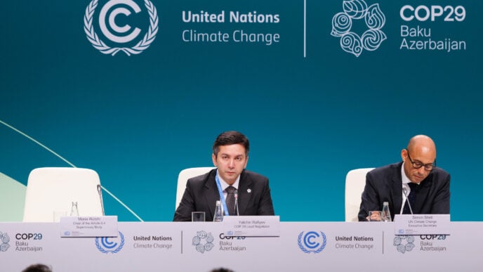 Yalchin Rafiyev (L), COP29 lead negotiator, speaking during the opening ceremony | (Photo: UN Climate Change - Kamran Guliyev)