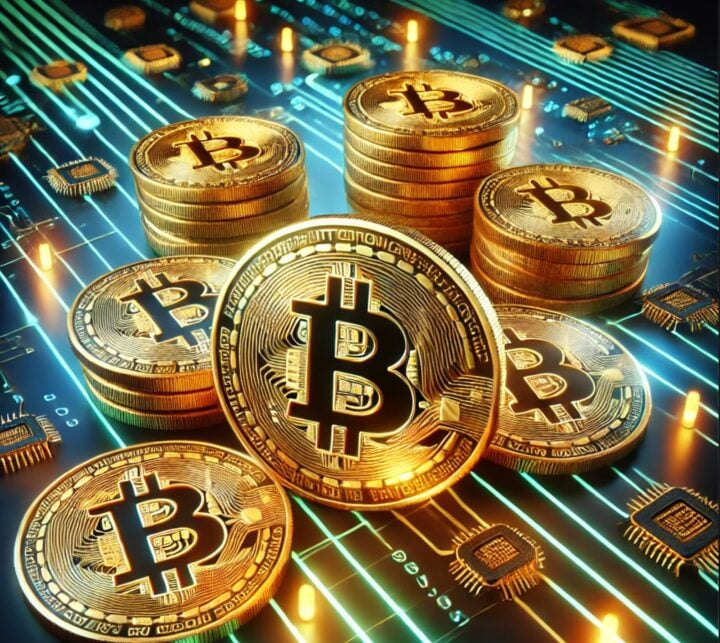 A creative visualization of Bitcoin generated by ChatGPT featuring multiple golden coins with the Bitcoin logo (a stylized 'B' with two vertical lines) scattered and stack