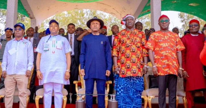 Peter Mbah, governor of Enugu (middle in blue outfit), with Ali Odefa (3rd from right) at the PDP south-east zonal congress in Enugu on Feb 26