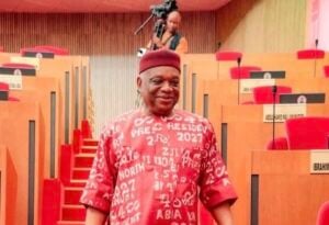 Orji Uzor Kalu wearing attire with inscription Tinubu for president