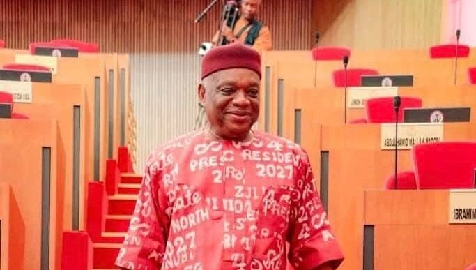 Orji Uzor Kalu wearing attire with inscription Tinubu for president