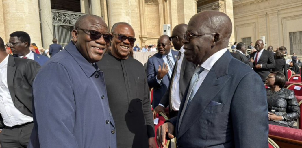 L-R: Kayode Fayemi, Peter Obi and Bola Tinubu at the inauguration of Pope Leo XIV at The Vatican on May 18