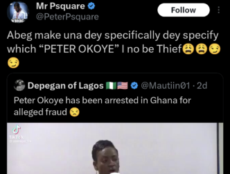 ‘I no be thief!’ — Peter Okoye reacts as Ghana police arrest namesake for ‘kidnapping’