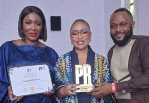 L-R: Tolulope Adeleru-Balogun, director of programmes, News Central; Rosemary Egabor-Afolahan, director of commercial & communications; and Mark Victor Befe, manager, brand & communications; receiving the PR Power List Awards for News Central in Lagos on Saturday