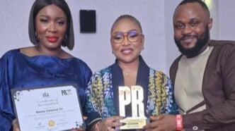 L-R: Tolulope Adeleru-Balogun, director of programmes, News Central; Rosemary Egabor-Afolahan, director of commercial & communications; and Mark Victor Befe, manager, brand & communications; receiving the PR Power List Awards for News Central in Lagos on Saturday
