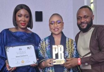 L-R: Tolulope Adeleru-Balogun, director of programmes, News Central; Rosemary Egabor-Afolahan, director of commercial & communications; and Mark Victor Befe, manager, brand & communications; receiving the PR Power List Awards for News Central in Lagos on Saturday