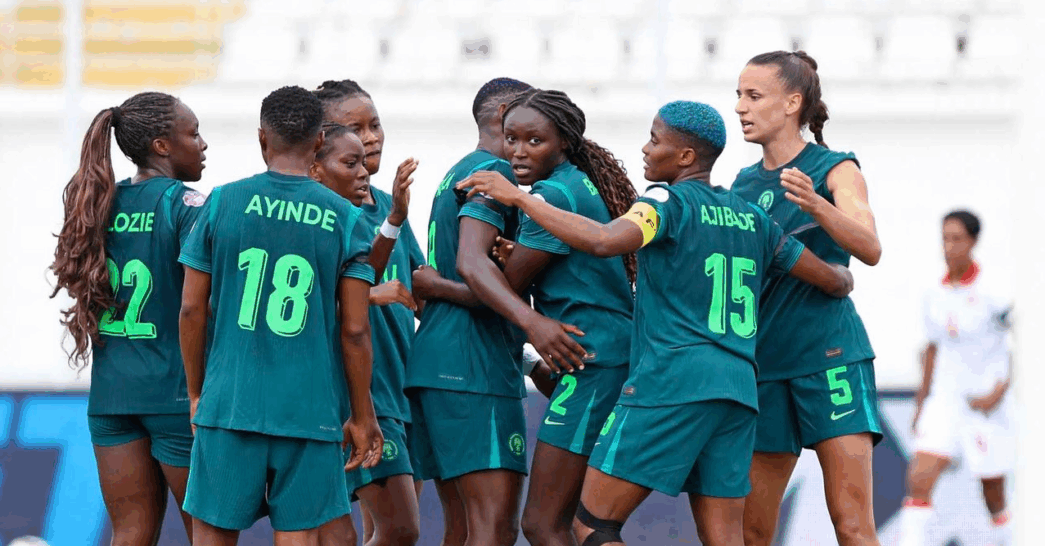 Rasheedat Ajibade and Ashlegh Plumptre (both extreme right) celebrate with teammates in Super Falcons 3-0 victory over Tunisia at WAFCON
