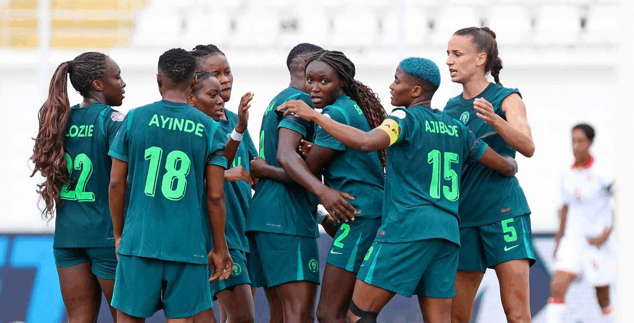 Rasheedat Ajibade and Ashlegh Plumptre (both extreme right) celebrate with teammates in Super Falcons 3-0 victory over Tunisia at WAFCON