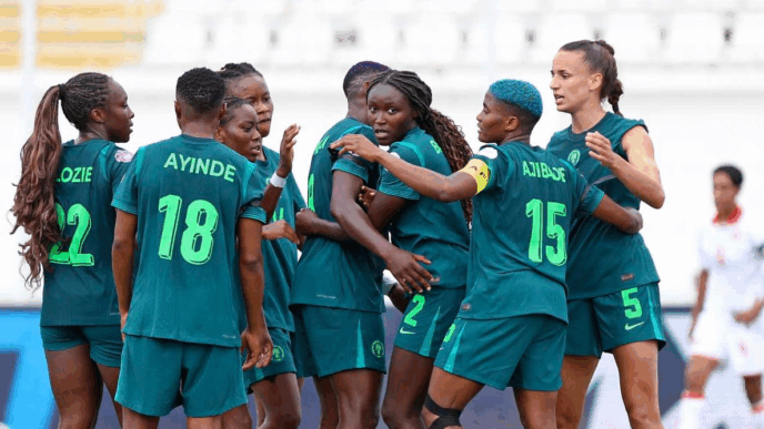 Rasheedat Ajibade and Ashlegh Plumptre (both extreme right) celebrate with teammates in Super Falcons 3-0 victory over Tunisia at WAFCON
