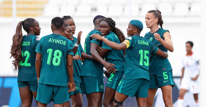 Rasheedat Ajibade and Ashlegh Plumptre (both extreme right) celebrate with teammates in Super Falcons 3-0 victory over Tunisia at WAFCON