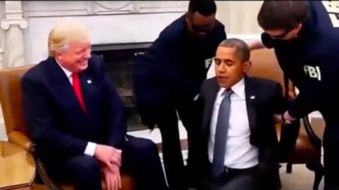 A screenshot of the AI-generated video showing Obama being arrested