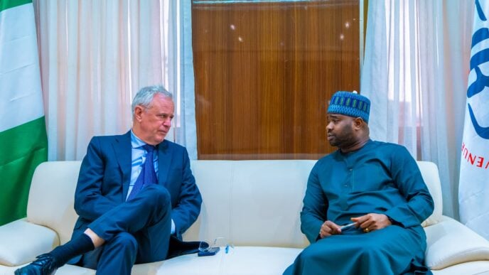 Zacch Adedeji, the chairman of the Federal Inland Revenue Service (FIRS), and Bengt van Loosdrecht, ambassador of Netherlands to Nigeria, discussing double tax agreement